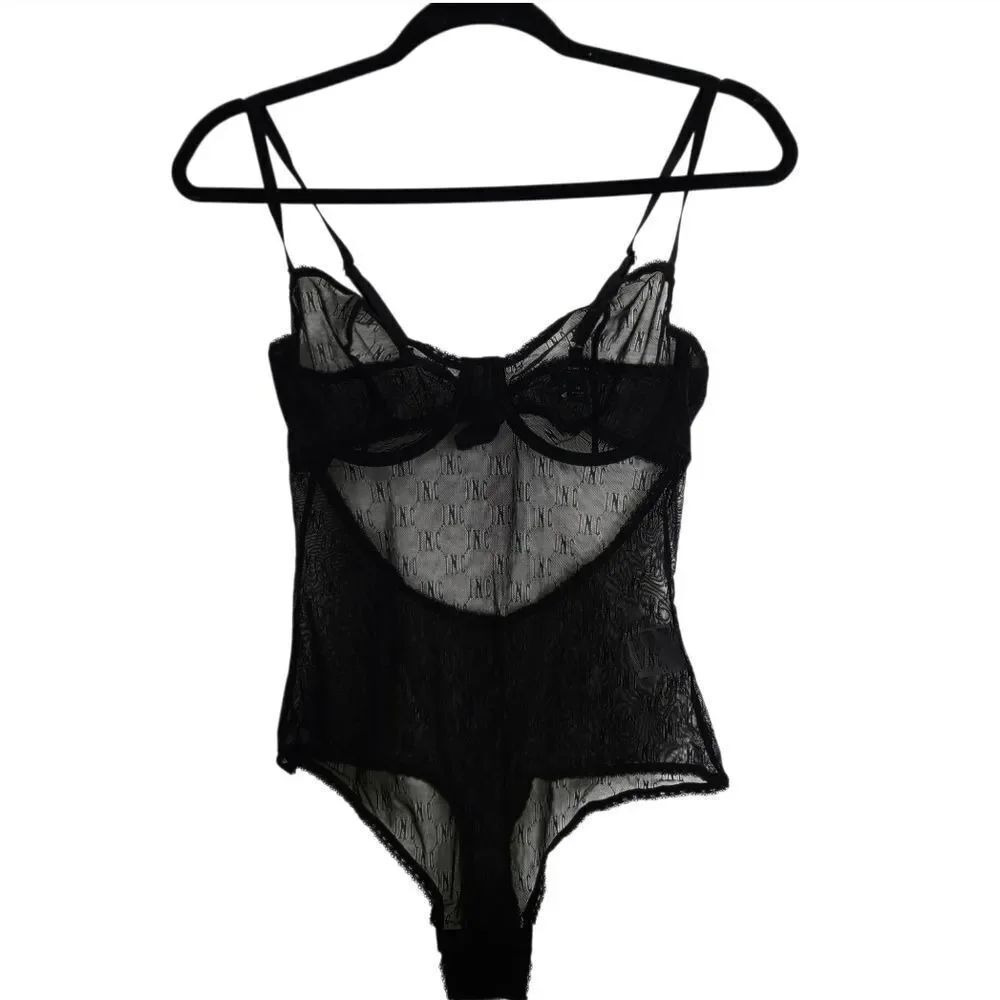 INC International Concepts Black Lace Lingerie Bodysuit With Logo Underwire Med